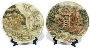 Vintage Chalkware Watermill & Seaport Wall Art Plates 10.5" - Lot of 2